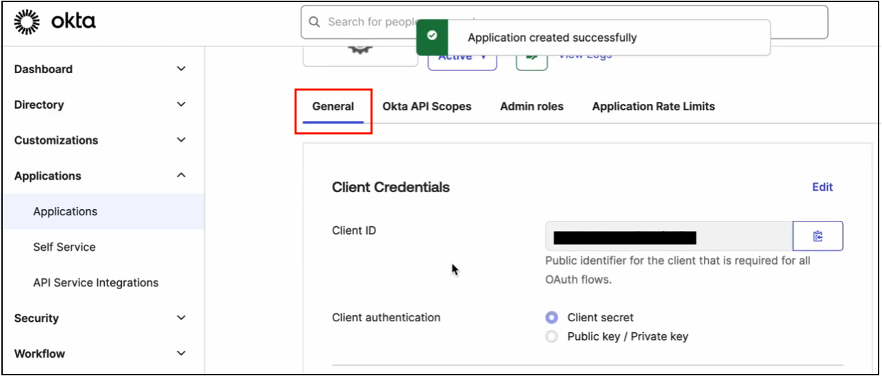 Okta application General tab showing Client Credentials section with Client ID