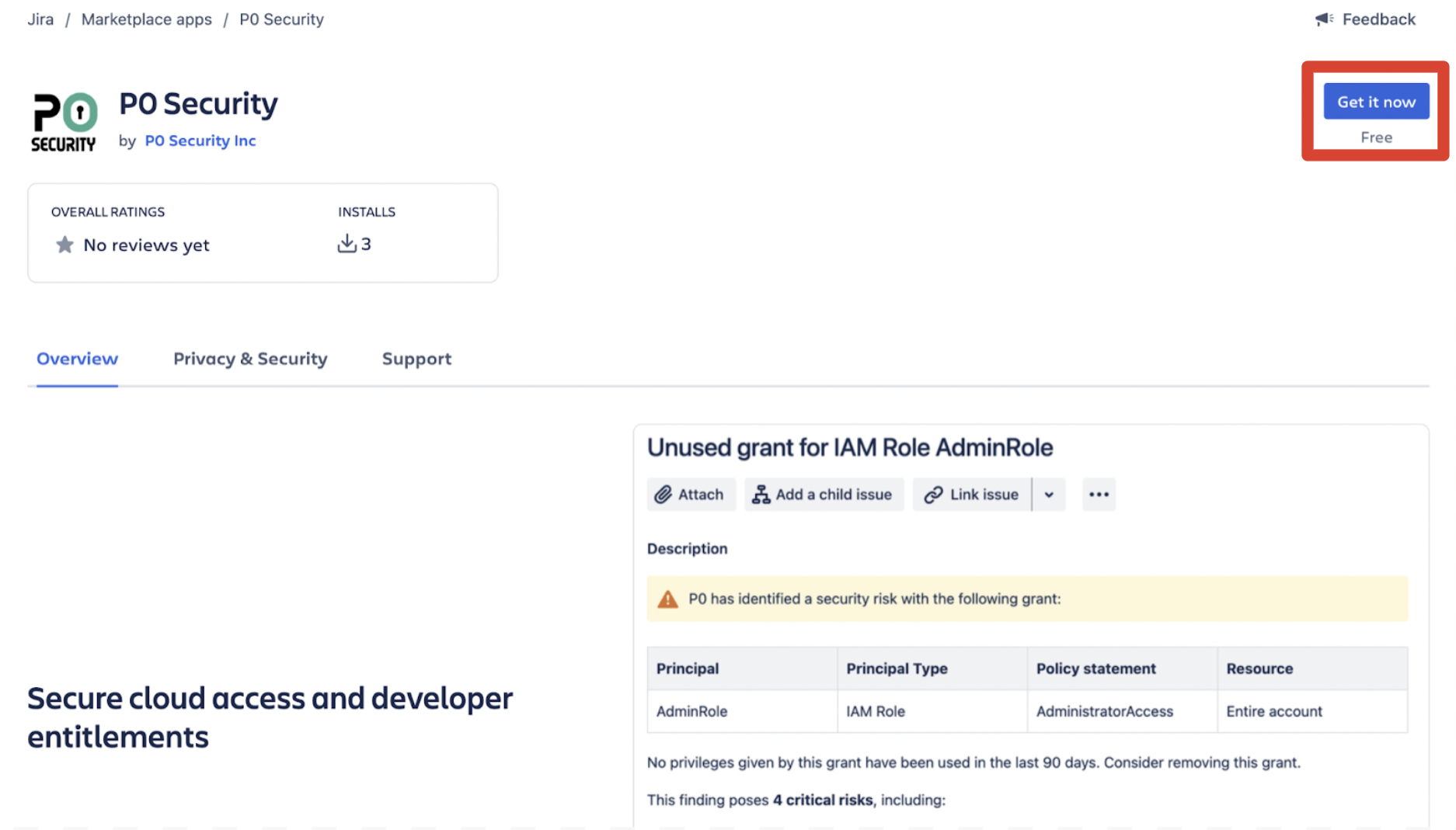 P0 Security app detail page in the Atlassian Marketplace with the Get it now button highlighted
