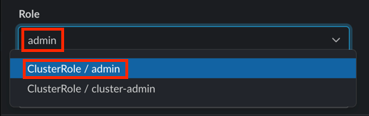 P0 request modal Role dropdown with ClusterRole / admin selected