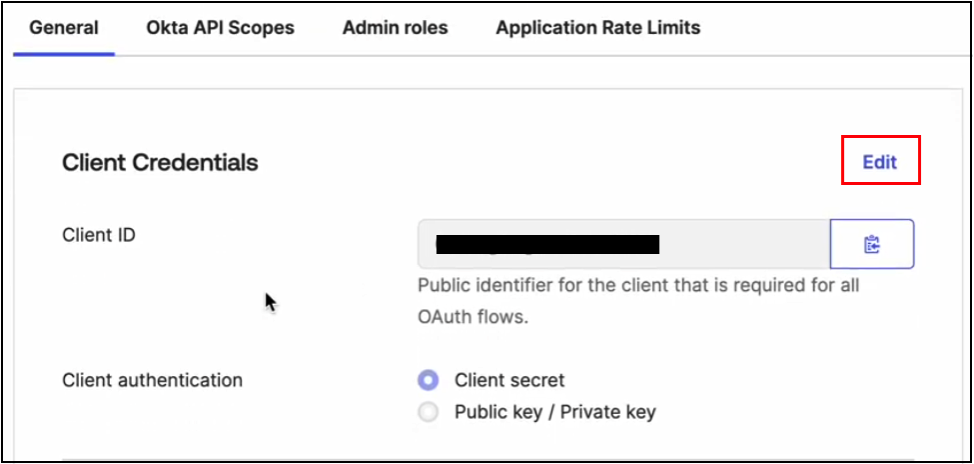 Okta Client Credentials section with Edit button highlighted