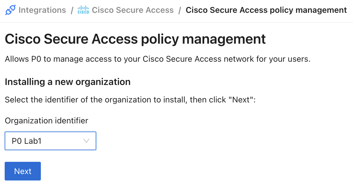 Select the organization to configure