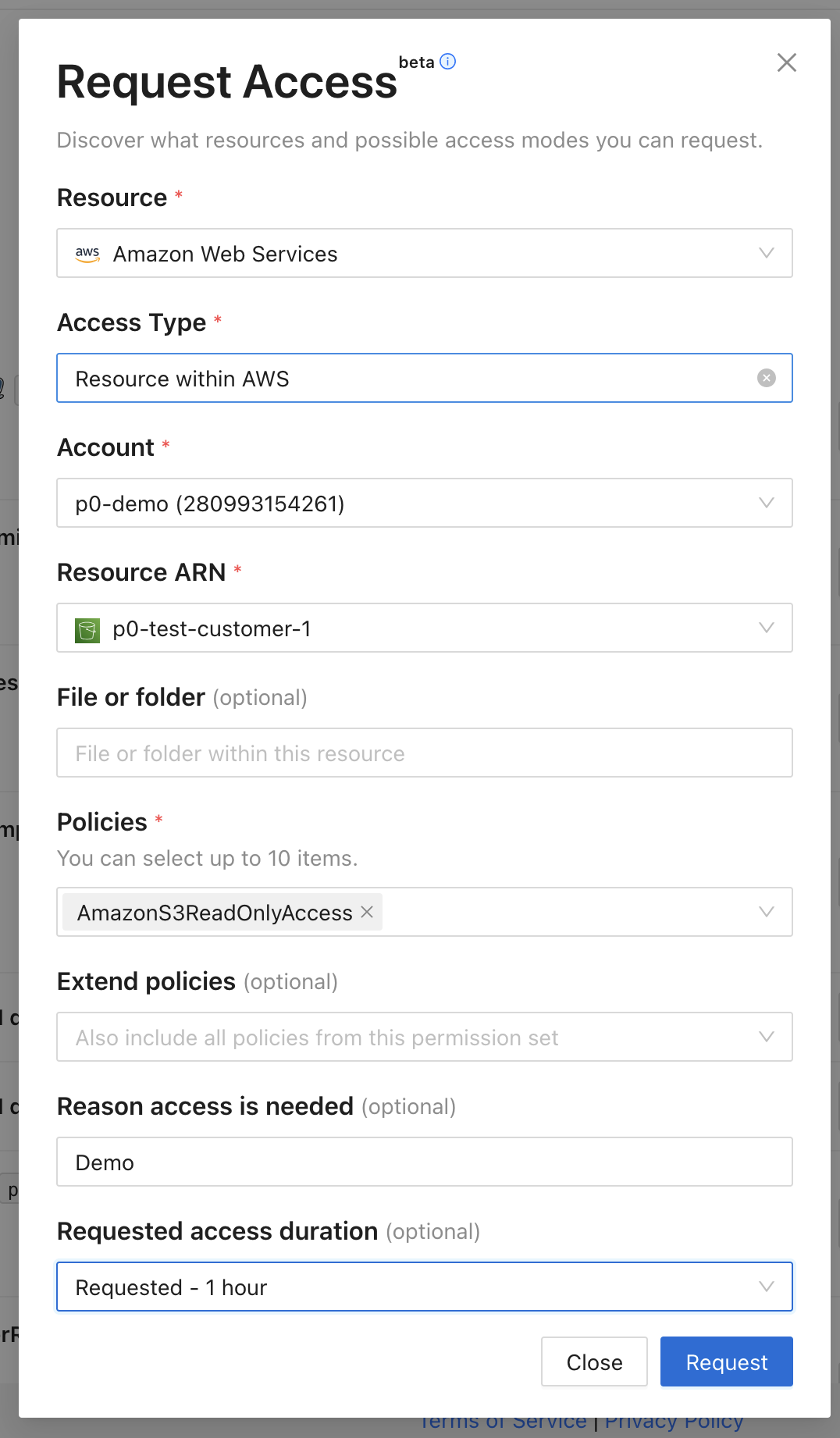 Request Access dialog with fields for Resource, Access Type, Account, Resource ARN, Policies, Reason, and duration filled in for an AWS S3 request
