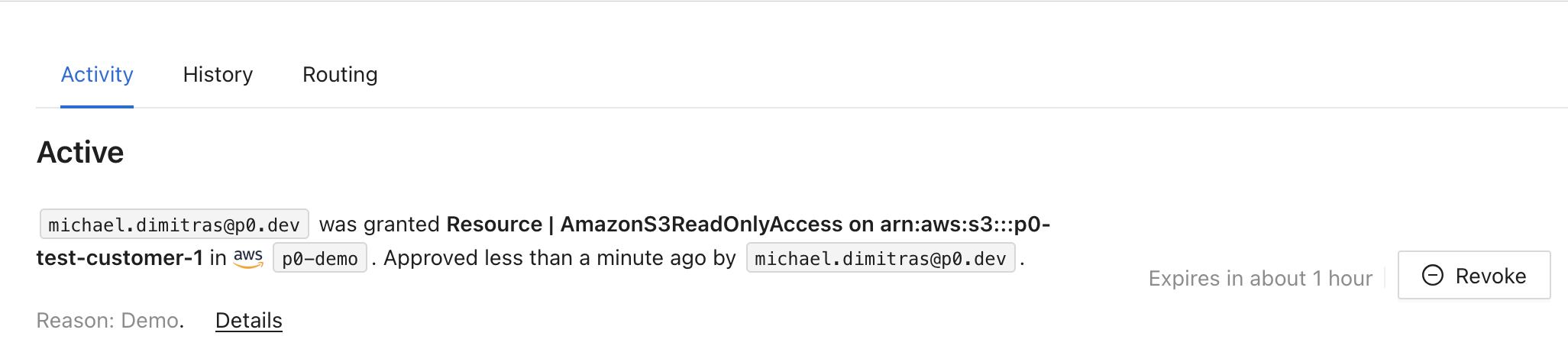Access Management Activity page showing an active granted request for AmazonS3ReadOnlyAccess with expiration time and Revoke button