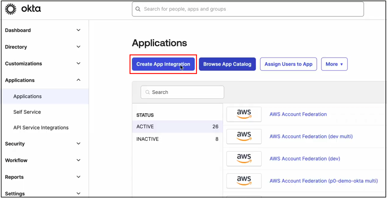 Okta admin Applications page with Create App Integration button highlighted