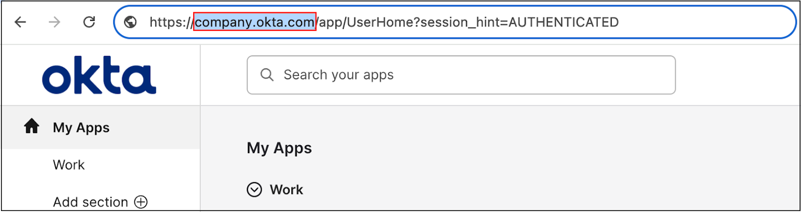 Browser address bar showing the Okta domain highlighted in the URL