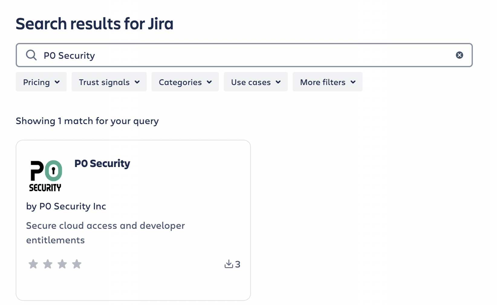 Atlassian Marketplace search results for P0 Security, showing one matching app by P0 Security Inc