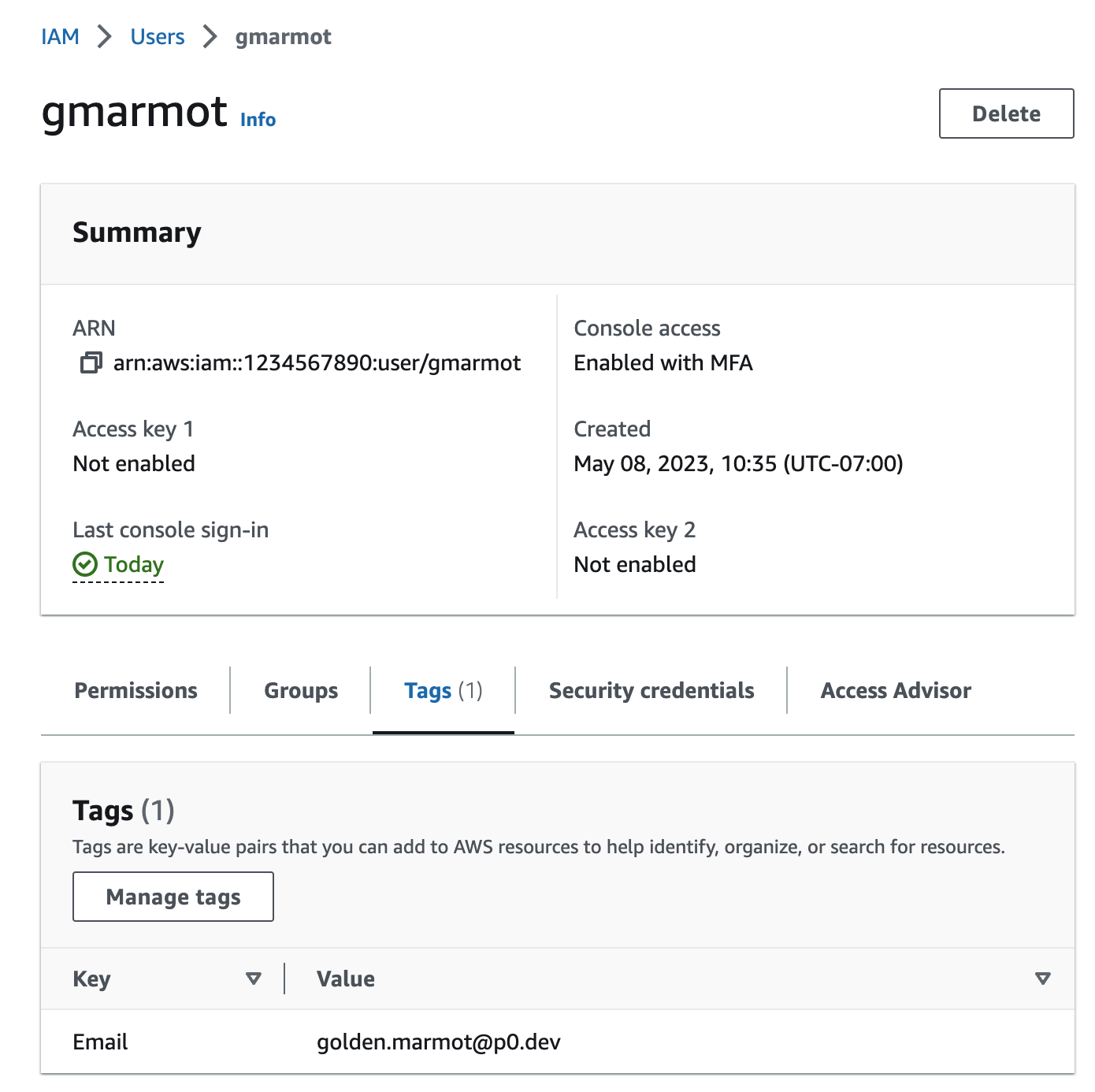 AWS IAM user with an Email tag whose value is the user's email address
