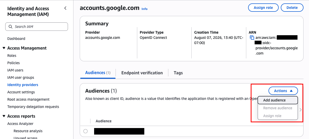 Audiences tab of the accounts.google.com identity provider with the Actions menu open and Add audience selected
