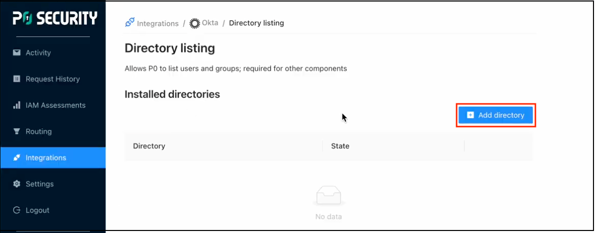 P0 Okta Directory listing page with Add directory button highlighted
