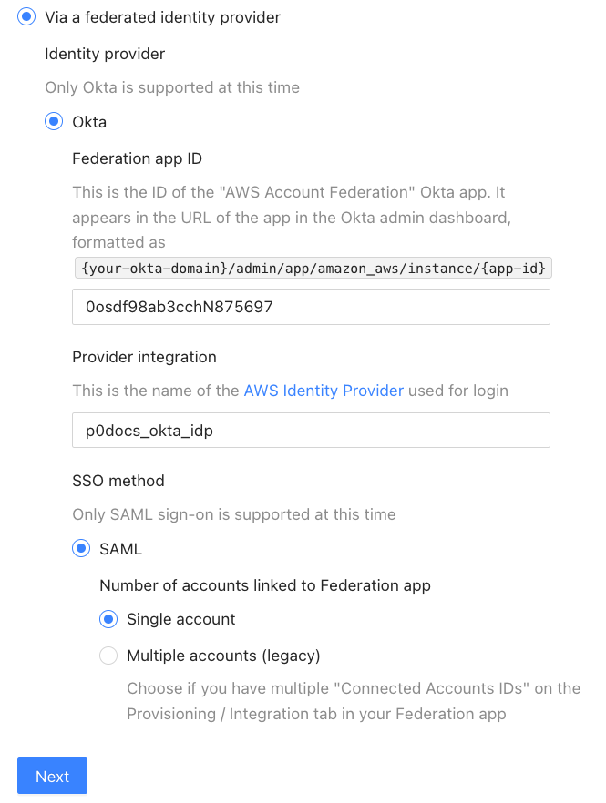 P0 AWS configuration set to provision users via a federated identity provider