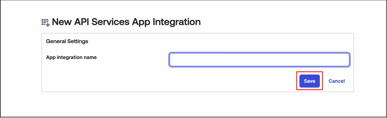 New API Services App Integration form with app name field and Save button