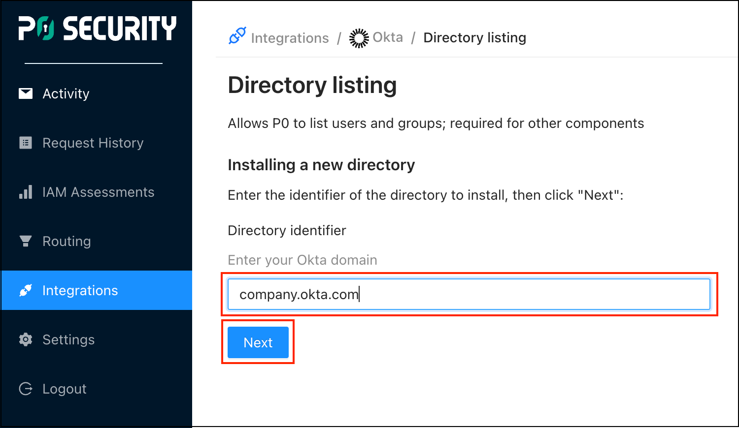 P0 Directory listing page with Okta domain entered and Next button highlighted
