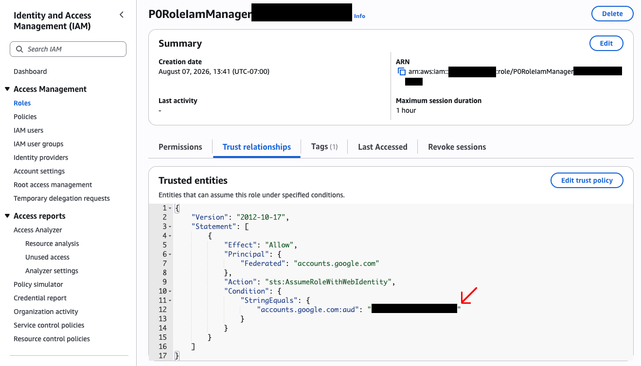 Trust relationships tab of the P0RoleIamManager role, with the accounts.google.com:aud condition value highlighted