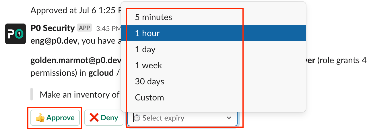 Slack approval DM from P0 Security with expiry dropdown showing options from 5 minutes to 30 days, and Approve and Deny buttons