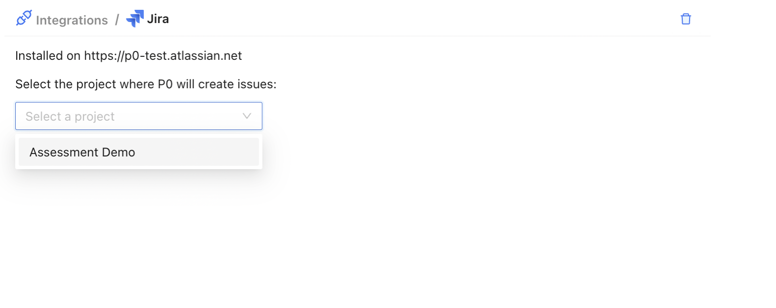 P0 Jira integration page with the project selection dropdown open, showing available Jira projects
