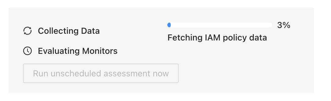 P0 data collection progress indicator showing Collecting Data at 3% while fetching IAM policy data