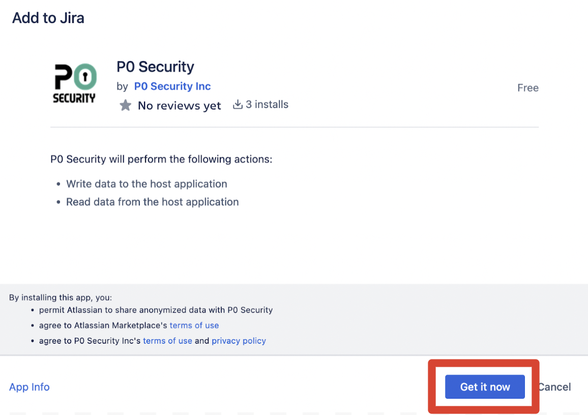 Add to Jira confirmation dialog for P0 Security showing required permissions and the Get it now button highlighted