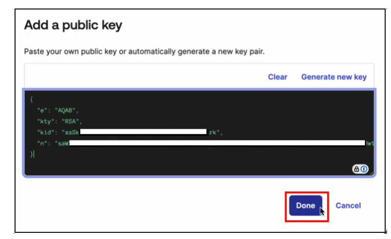 Add a public key dialog with pasted JSON key and Done button