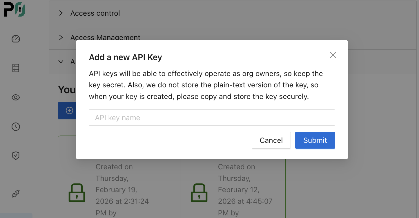 The API Keys section in P0 Management showing the Create a new API key dialog