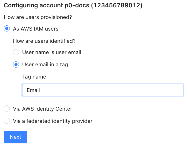P0 AWS configuration set to provision users as AWS IAM users with an email tag