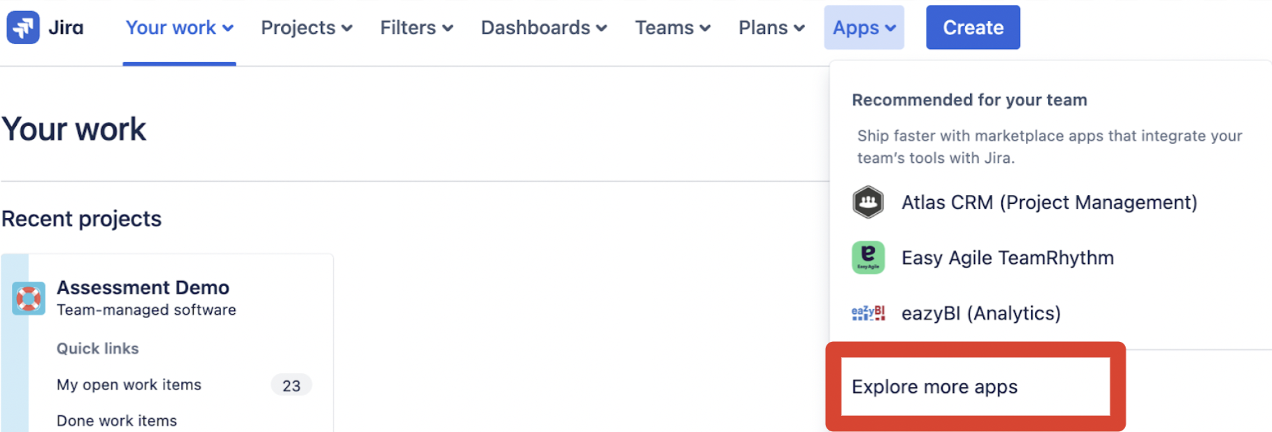 Jira top navigation bar with the Apps dropdown menu expanded, highlighting the Explore more apps option