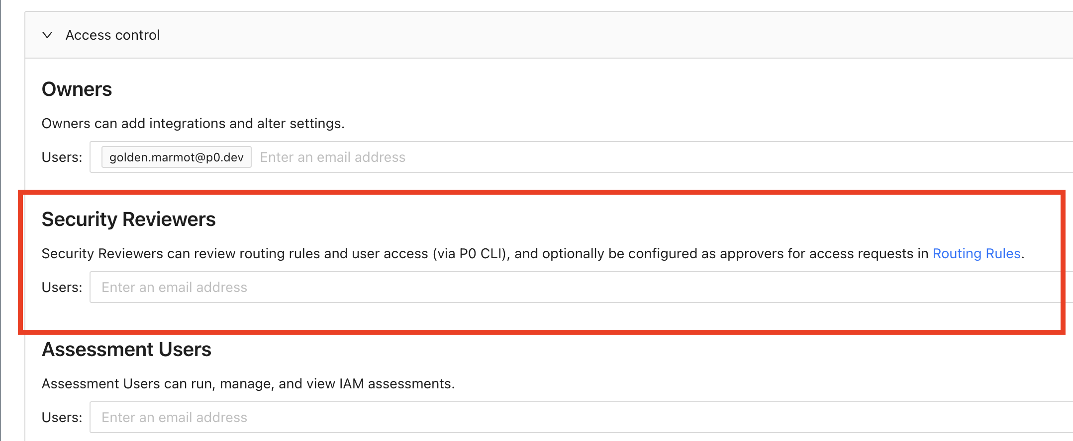 P0 Management Access control panel with Security Reviewers section highlighted, showing fields for adding reviewer email addresses