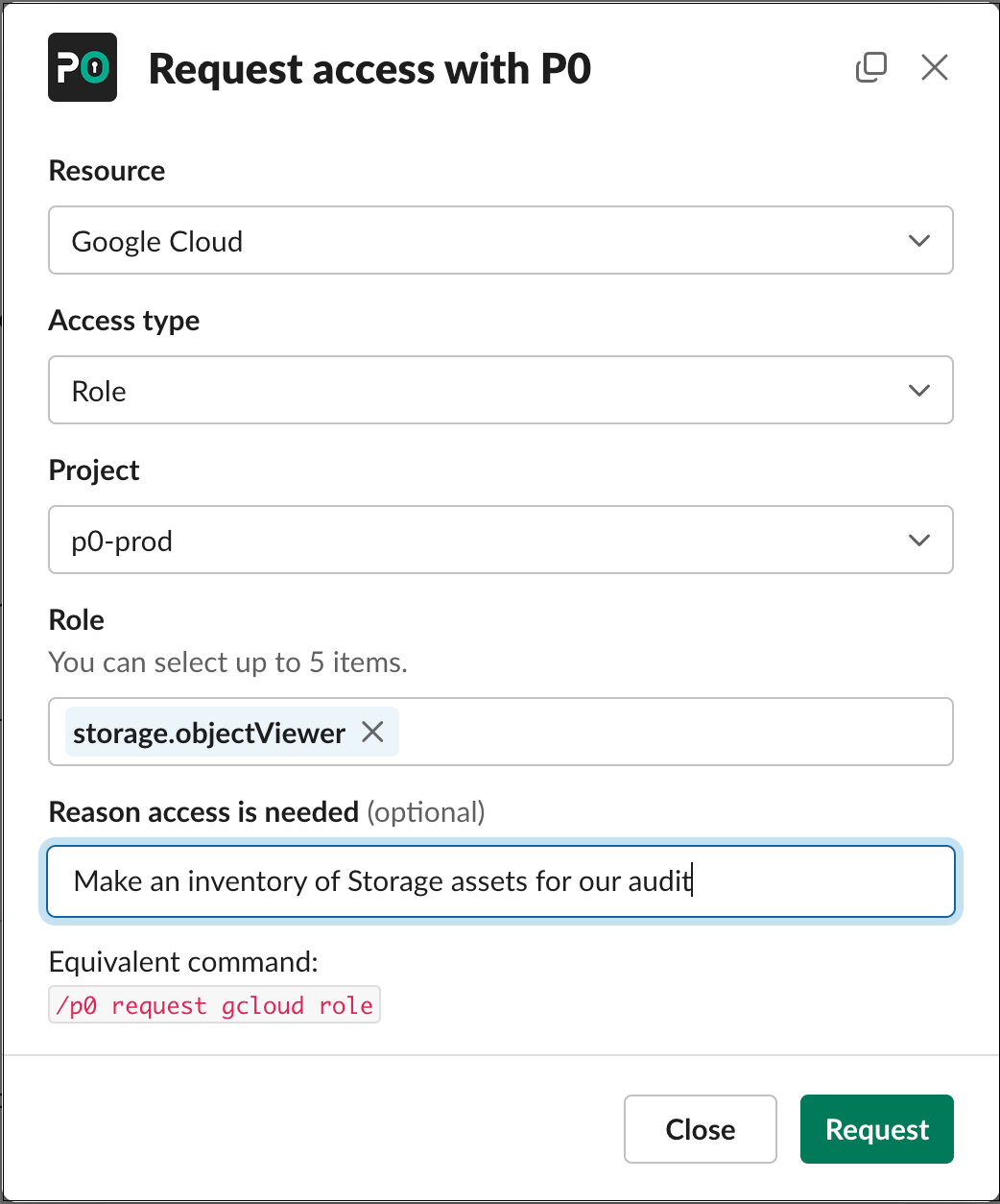 Slack P0 request dialog with Google Cloud resource, Role access type, storage.objectViewer role selected, and a reason for access