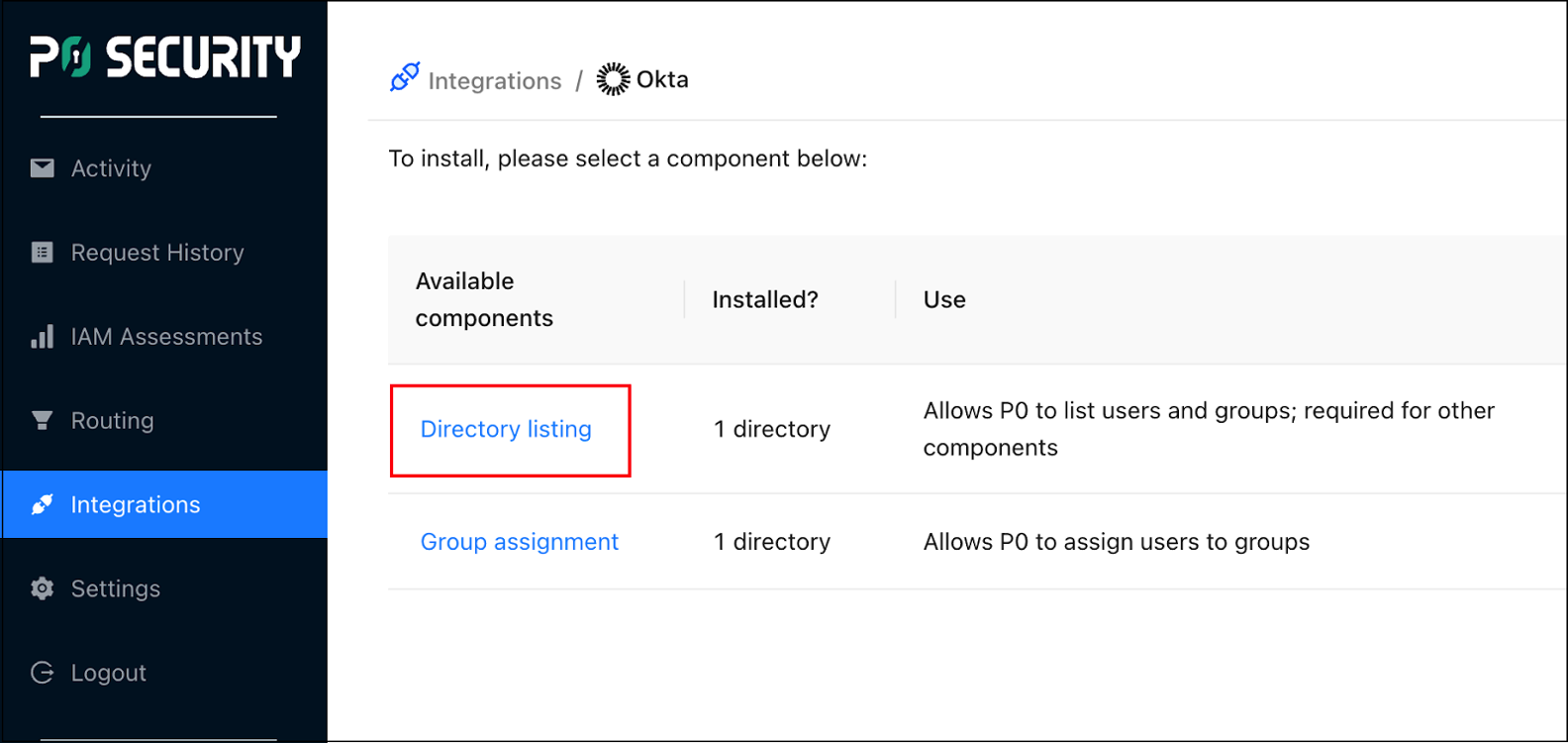 Okta integration page showing Directory listing and Group assignment components
