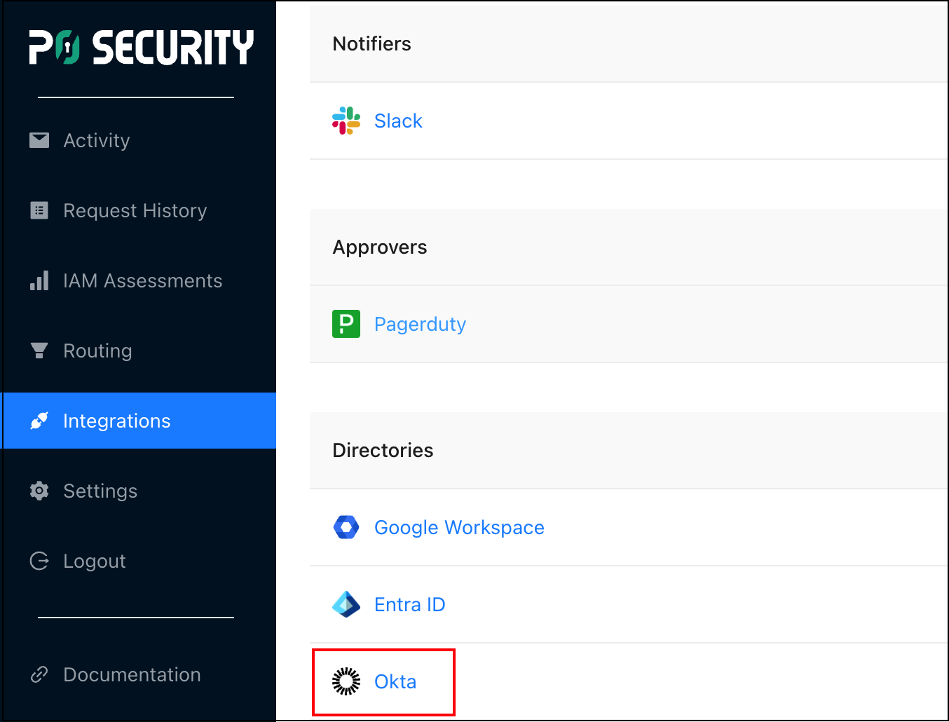 P0 Integrations page with Okta highlighted in the Directories section