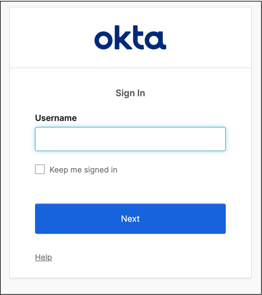 Okta sign-in page with Username field and Next button