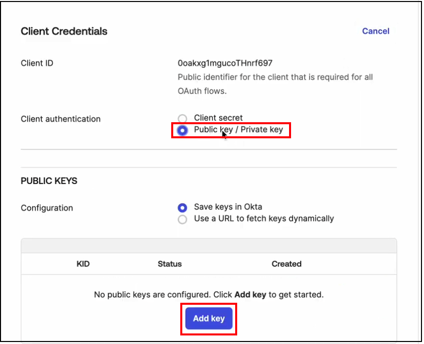 Client Credentials edit mode with Public key / Private key selected and Add key button