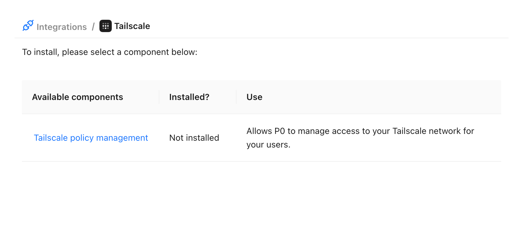 P0 Integrations page with Tailscale selected.