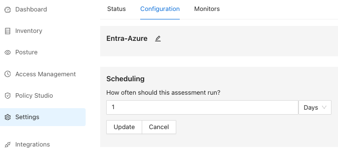 Scheduling configuration panel with frequency input set to 1 day via dropdown menu, and Update and Cancel buttons