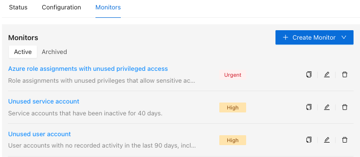 Monitors tab showing active monitors with Urgent and High severity, Create Monitor, Use as Template, Edit and Archive options