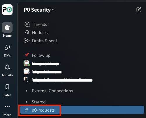 Slack sidebar with the p0-requests channel highlighted for entering access request commands