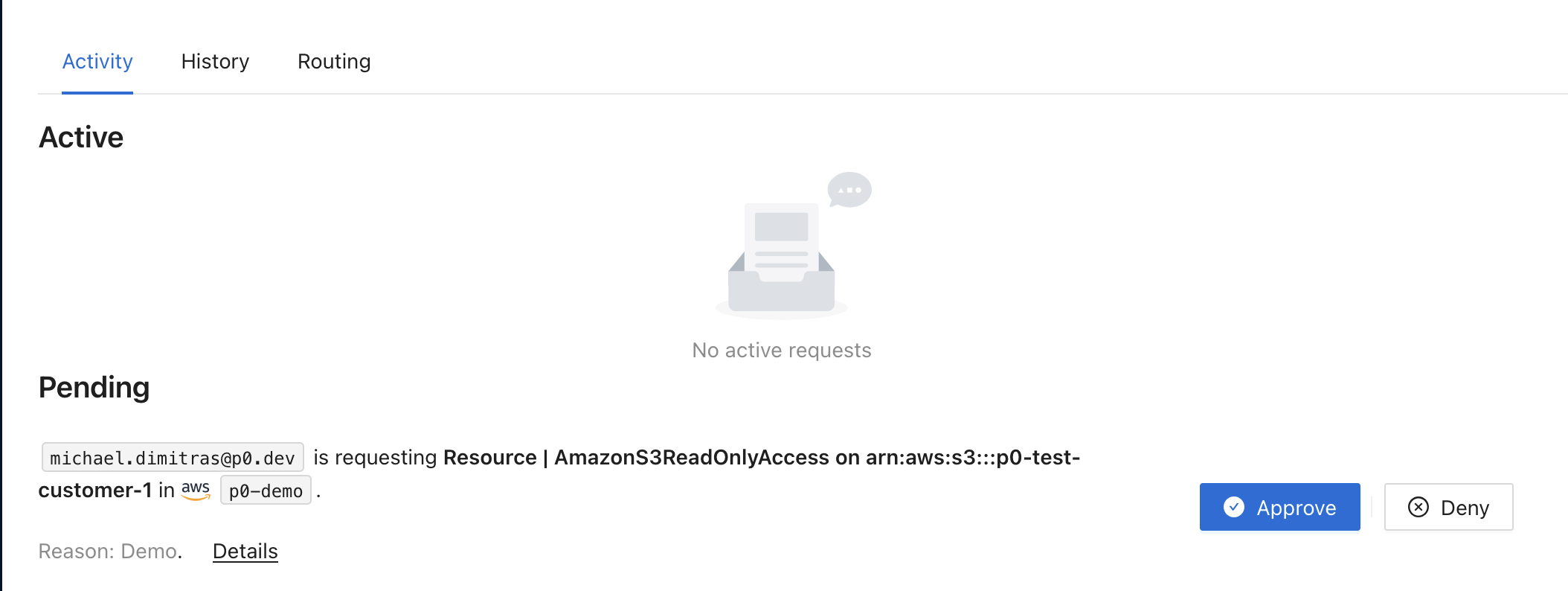 Access Management Activity page showing a pending request for AmazonS3ReadOnlyAccess with Approve and Deny buttons